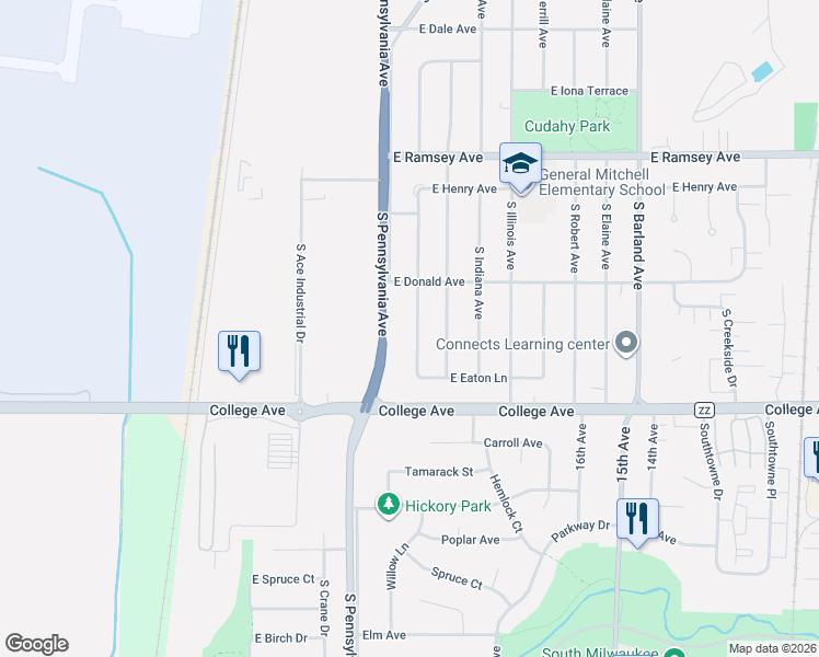 map of restaurants, bars, coffee shops, grocery stores, and more near 6161 South New York Avenue in Cudahy