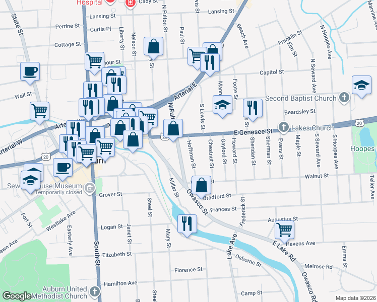 map of restaurants, bars, coffee shops, grocery stores, and more near 1 Hoffman Street in Auburn