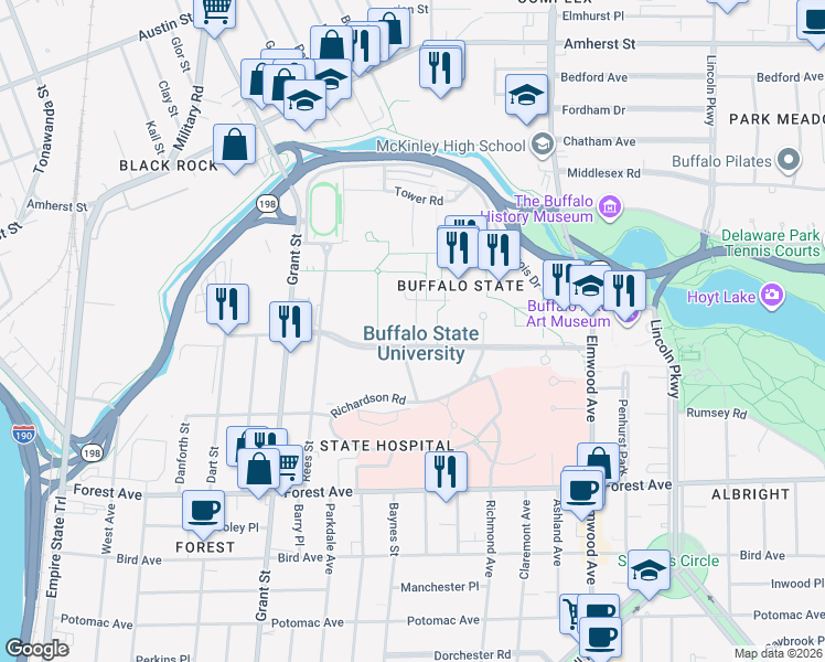 map of restaurants, bars, coffee shops, grocery stores, and more near 1300 Elmwood Avenue in Buffalo