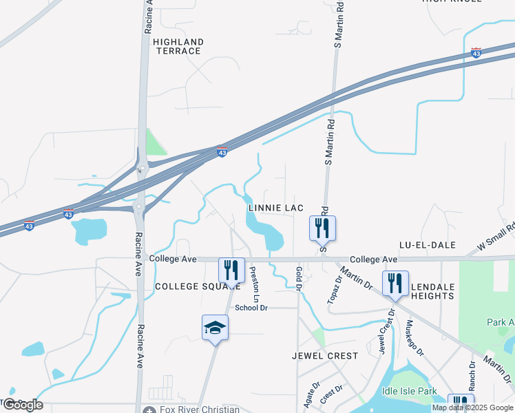 map of restaurants, bars, coffee shops, grocery stores, and more near 6137 South Linnie Lac Court in New Berlin
