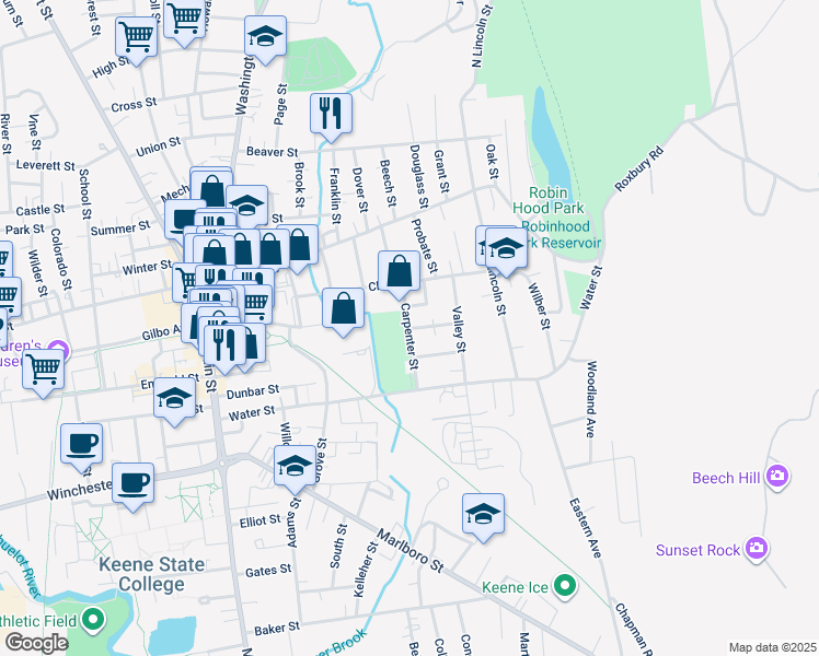 map of restaurants, bars, coffee shops, grocery stores, and more near Carpenter Street in Keene