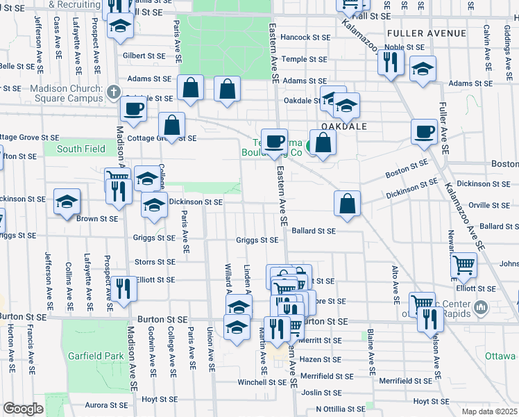map of restaurants, bars, coffee shops, grocery stores, and more near 1701 Martin Avenue Southeast in Grand Rapids