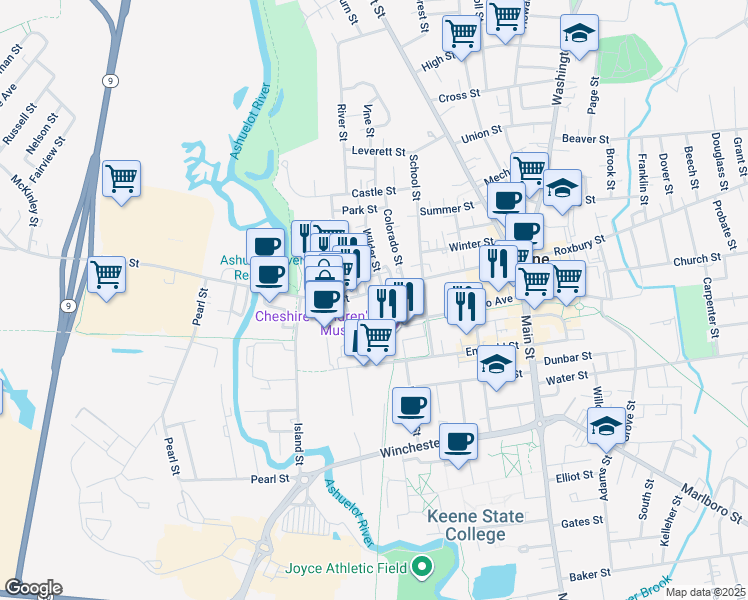 map of restaurants, bars, coffee shops, grocery stores, and more near 171 West Street in Keene