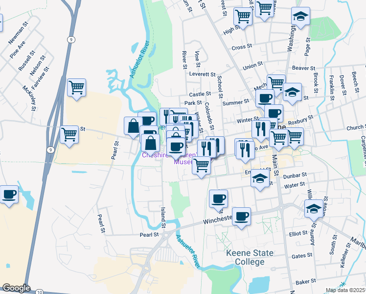 map of restaurants, bars, coffee shops, grocery stores, and more near 219 West Street in Keene
