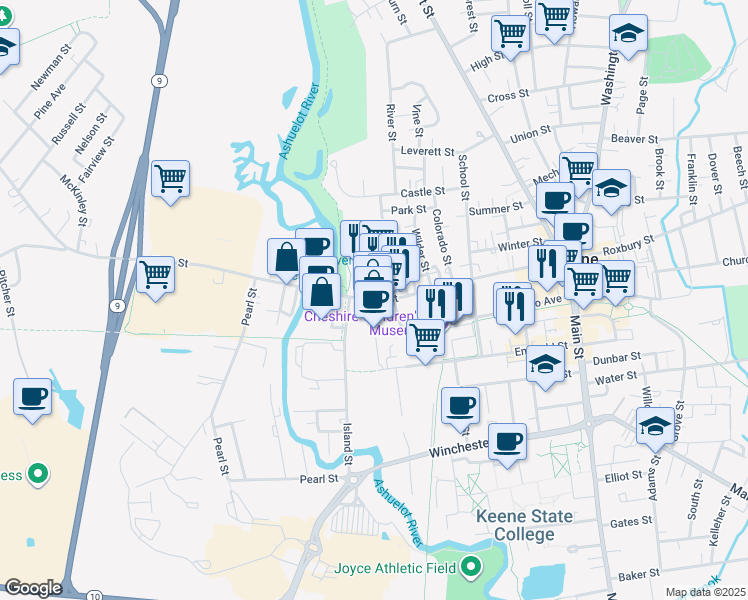 map of restaurants, bars, coffee shops, grocery stores, and more near 219 West Street in Keene
