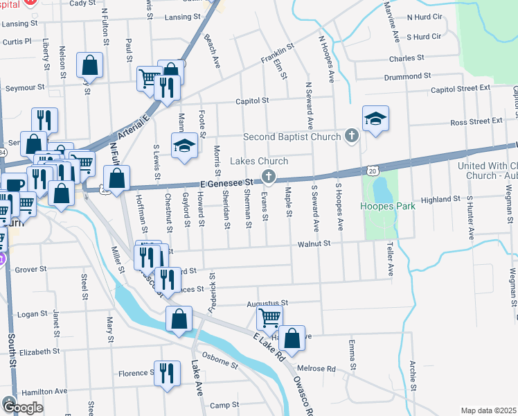 map of restaurants, bars, coffee shops, grocery stores, and more near 2 Sherman Street in Auburn