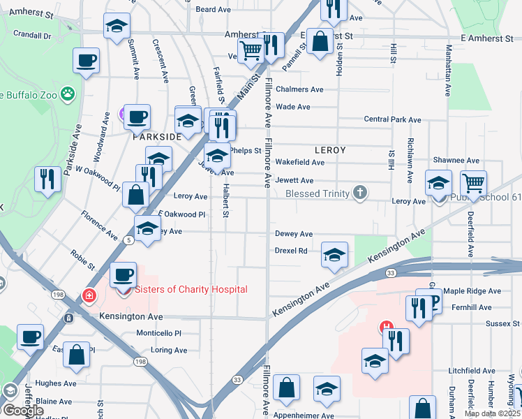 map of restaurants, bars, coffee shops, grocery stores, and more near 154 Leroy Avenue in Buffalo