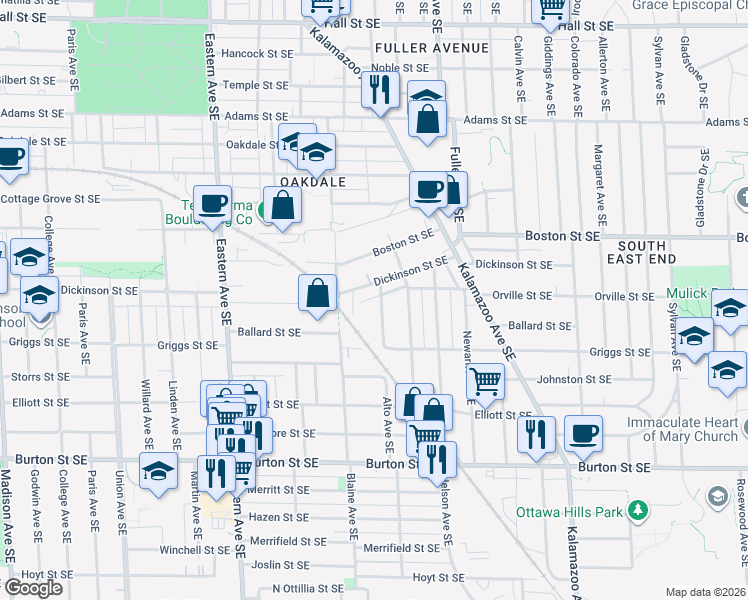 map of restaurants, bars, coffee shops, grocery stores, and more near 1029 Dickinson Street Southeast in Grand Rapids