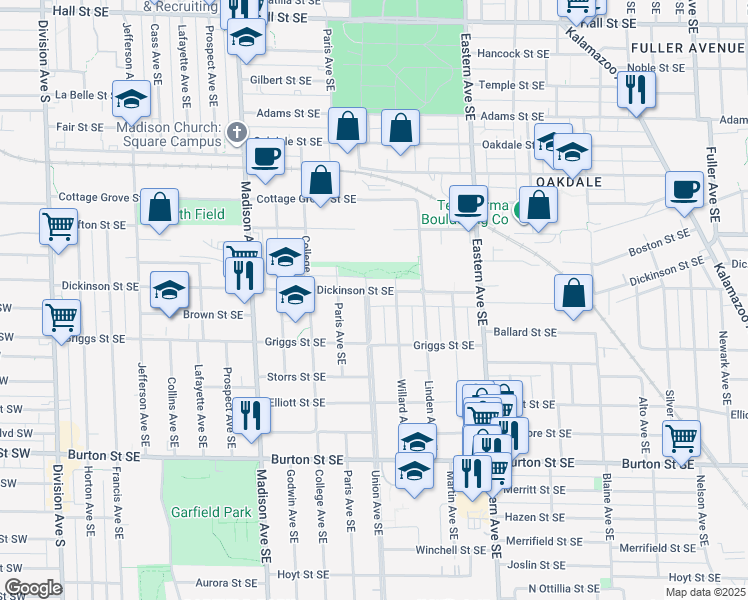 map of restaurants, bars, coffee shops, grocery stores, and more near 605 Dickinson Street Southeast in Grand Rapids