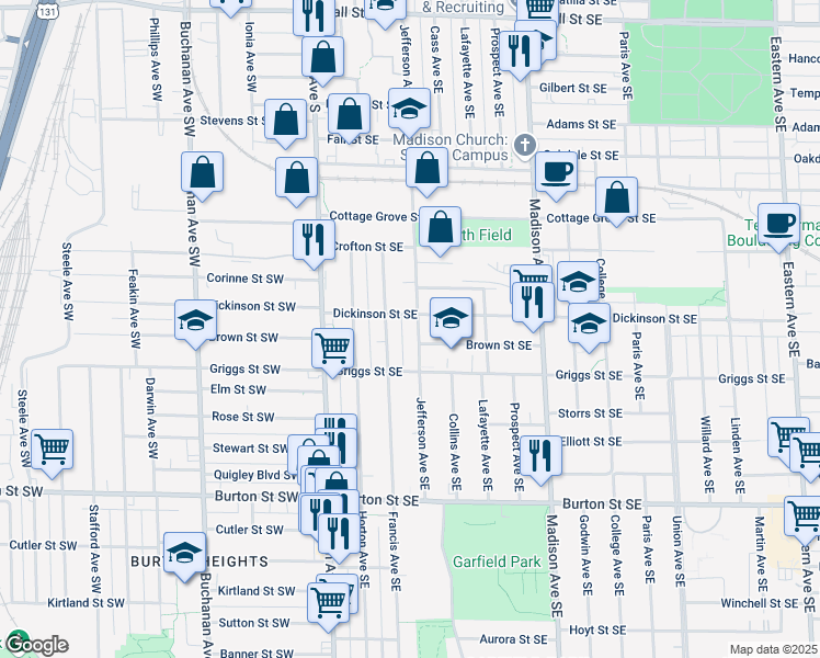 map of restaurants, bars, coffee shops, grocery stores, and more near 1663 Jefferson Avenue Southeast in Grand Rapids