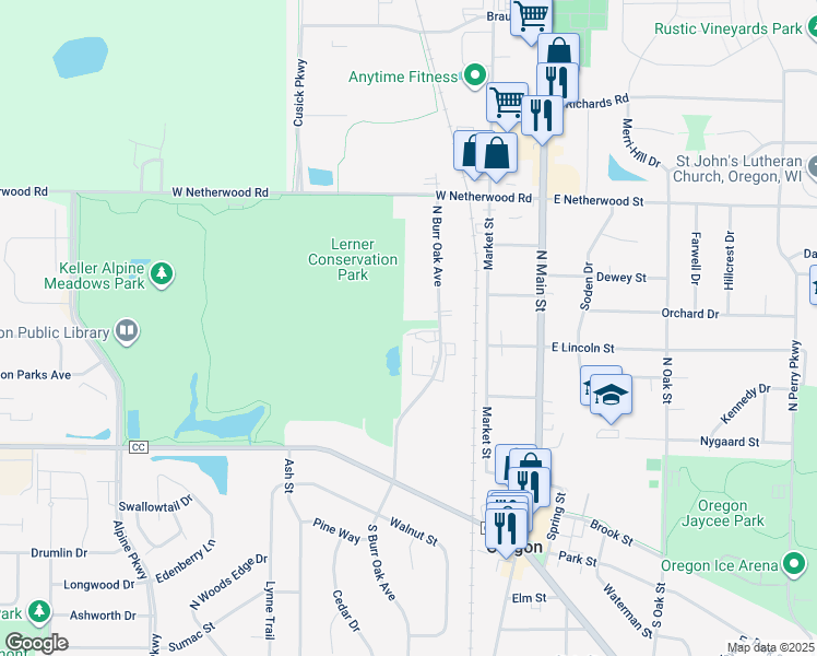 map of restaurants, bars, coffee shops, grocery stores, and more near 503 North Burr Oak Avenue in Oregon