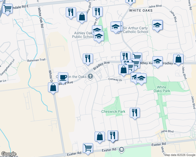map of restaurants, bars, coffee shops, grocery stores, and more near 148 Conway Drive in London