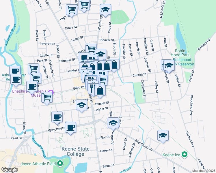 map of restaurants, bars, coffee shops, grocery stores, and more near 75 Railroad Street in Keene