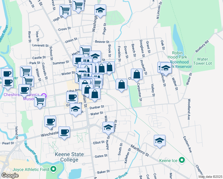 map of restaurants, bars, coffee shops, grocery stores, and more near 93 Railroad Street in Keene