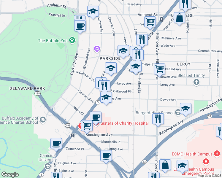 map of restaurants, bars, coffee shops, grocery stores, and more near 2321 Main Street in Buffalo