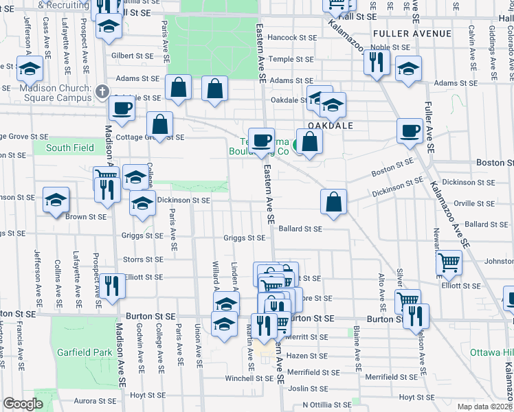 map of restaurants, bars, coffee shops, grocery stores, and more near 738 Dickinson Street Southeast in Grand Rapids