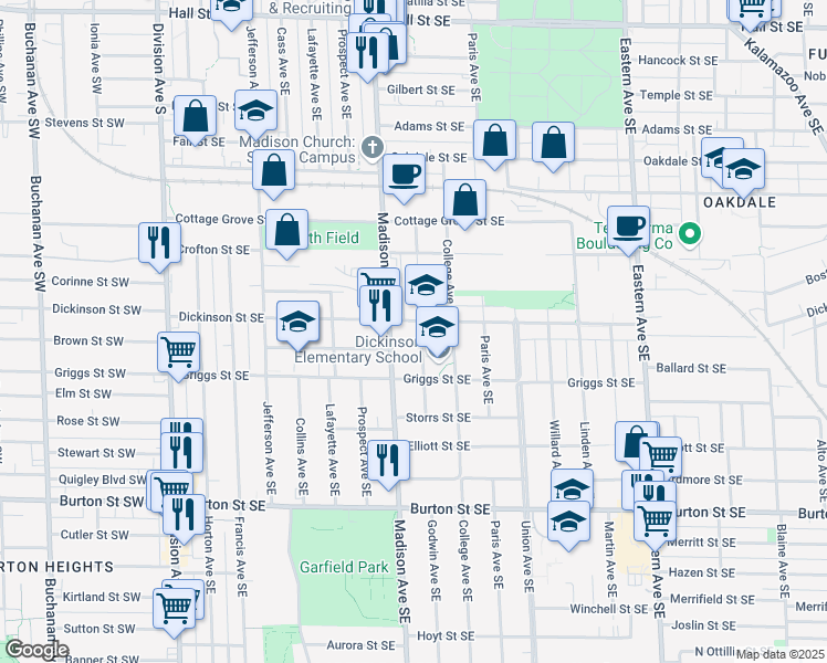 map of restaurants, bars, coffee shops, grocery stores, and more near 1707 Godwin Avenue Southeast in Grand Rapids