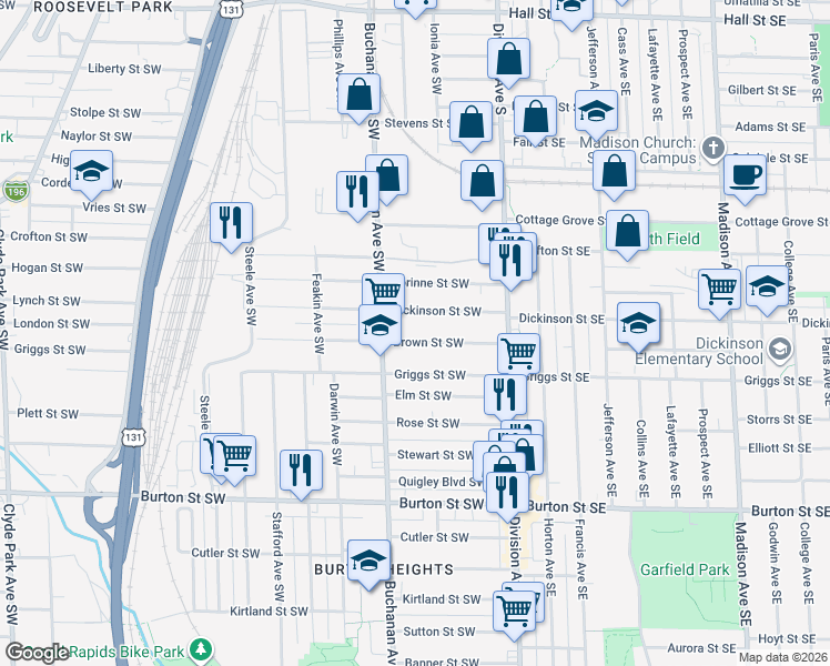 map of restaurants, bars, coffee shops, grocery stores, and more near 136 Dickinson Street Southwest in Grand Rapids