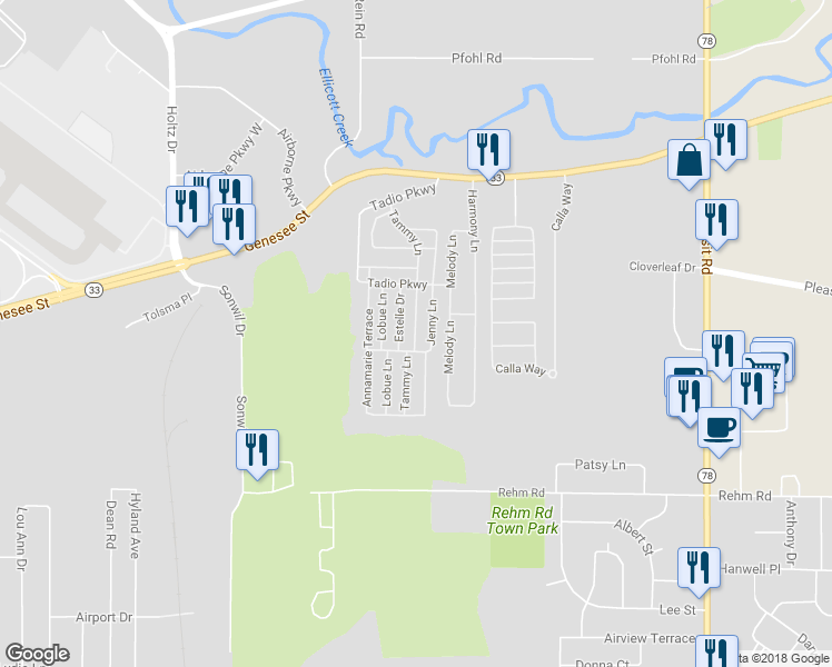 map of restaurants, bars, coffee shops, grocery stores, and more near 32 Tammy Lane in Cheektowaga