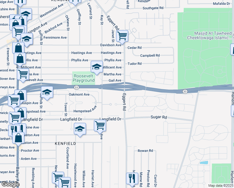 map of restaurants, bars, coffee shops, grocery stores, and more near 260 Eggert Road in Buffalo