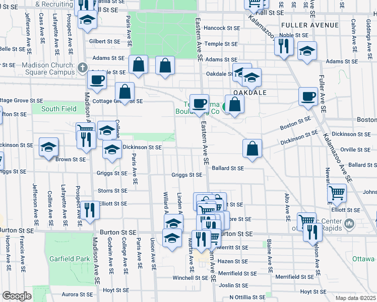 map of restaurants, bars, coffee shops, grocery stores, and more near 1701 Martin Avenue Southeast in Grand Rapids