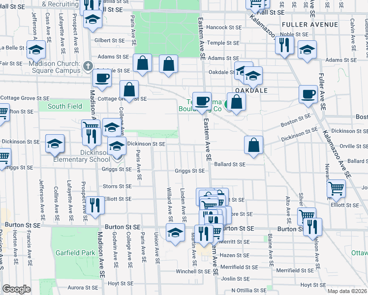 map of restaurants, bars, coffee shops, grocery stores, and more near 723 Dickinson Street Southeast in Grand Rapids