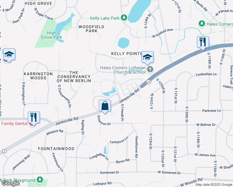 map of restaurants, bars, coffee shops, grocery stores, and more near Wynridge Drive West in New Berlin