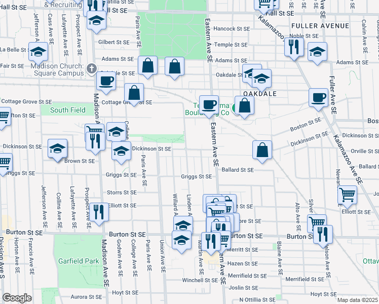 map of restaurants, bars, coffee shops, grocery stores, and more near 700 Dickinson Street Southeast in Grand Rapids
