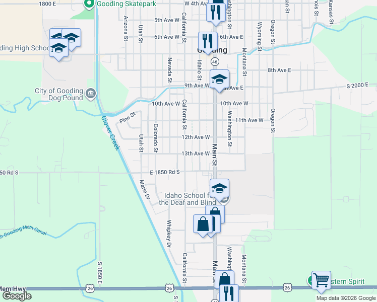 map of restaurants, bars, coffee shops, grocery stores, and more near 1217 California Street in Gooding