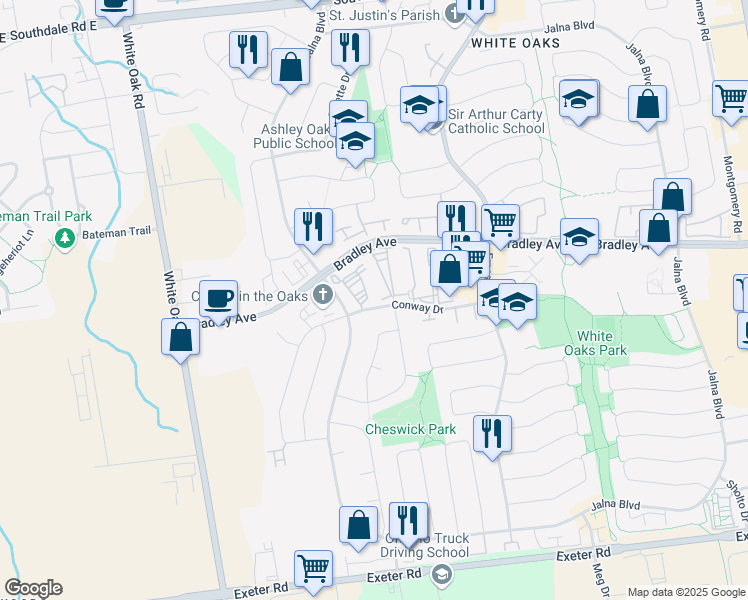 map of restaurants, bars, coffee shops, grocery stores, and more near 140 Conway Drive in London