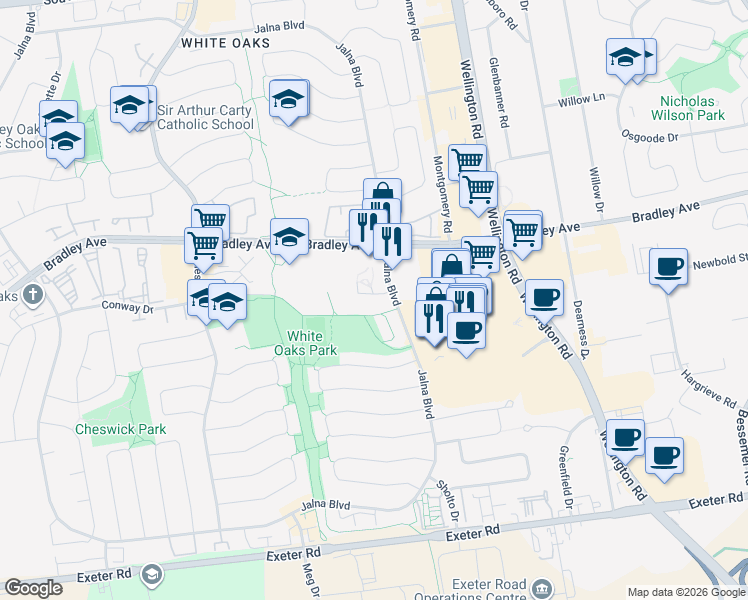 map of restaurants, bars, coffee shops, grocery stores, and more near 1105 Jalna Boulevard in London