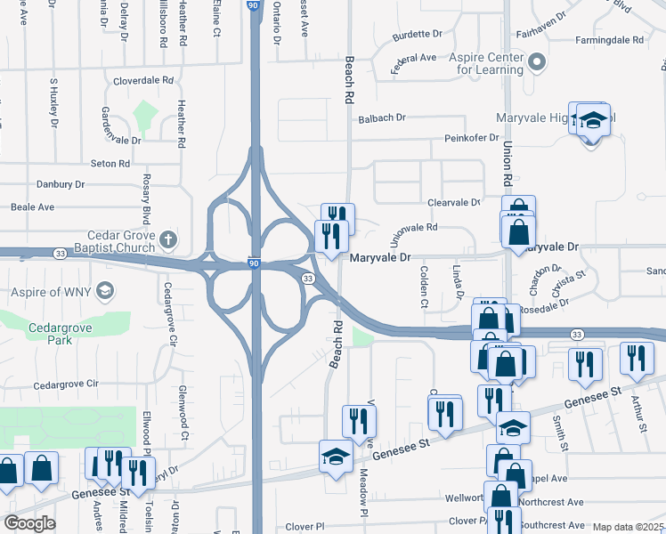 map of restaurants, bars, coffee shops, grocery stores, and more near 720 Maryvale Drive in Buffalo