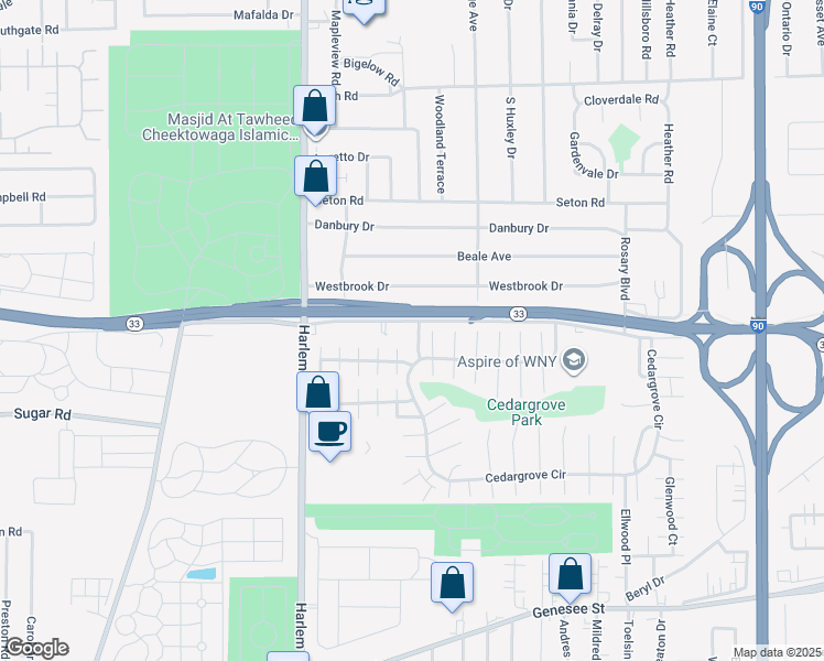map of restaurants, bars, coffee shops, grocery stores, and more near 190 Cedargrove Circle in Buffalo