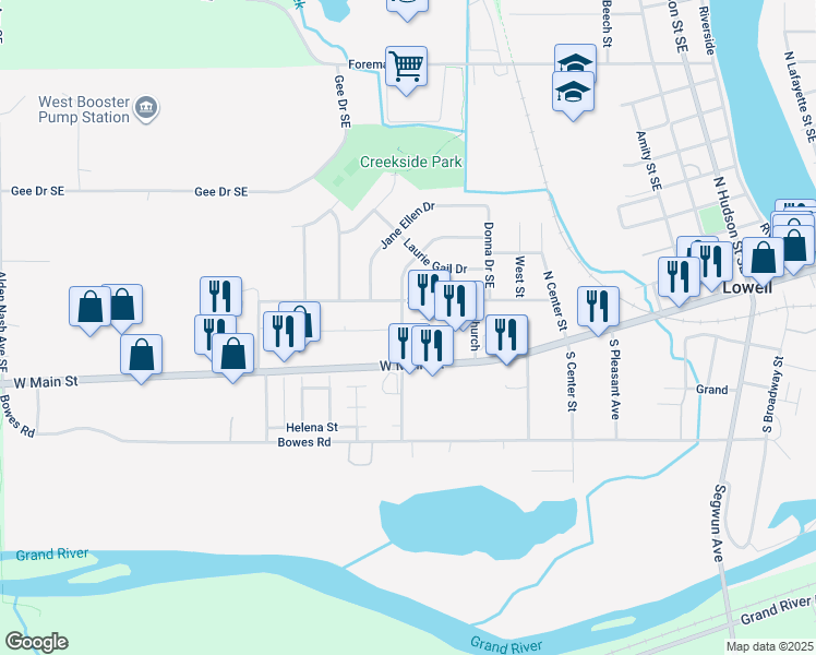 map of restaurants, bars, coffee shops, grocery stores, and more near 1406 Sibley Street in Lowell