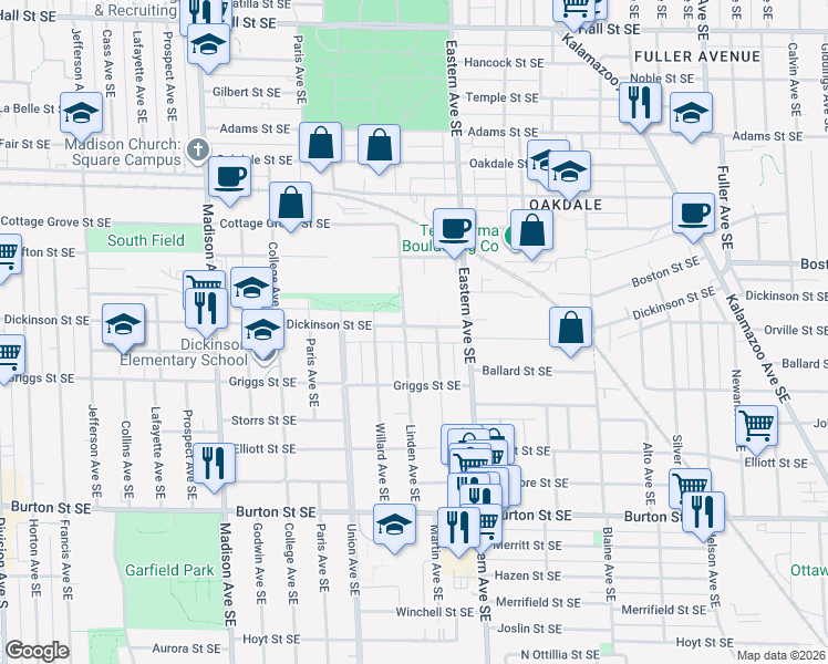 map of restaurants, bars, coffee shops, grocery stores, and more near 723 Dickinson Street Southeast in Grand Rapids