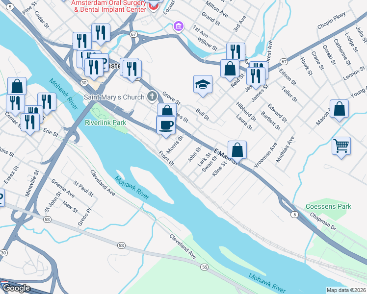 map of restaurants, bars, coffee shops, grocery stores, and more near 235-237 Main Street in Amsterdam