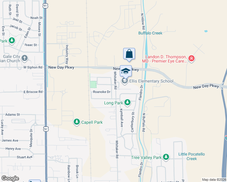map of restaurants, bars, coffee shops, grocery stores, and more near 5490 Shenendoah Drive in Pocatello