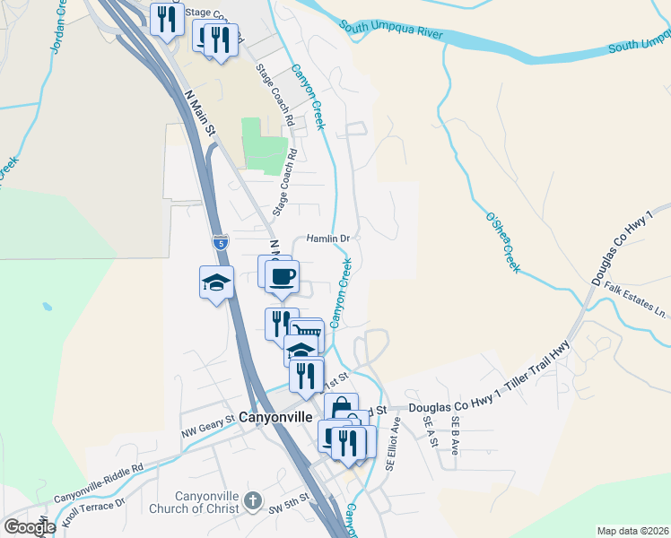 map of restaurants, bars, coffee shops, grocery stores, and more near 183 Northeast Ecklund Street in Canyonville