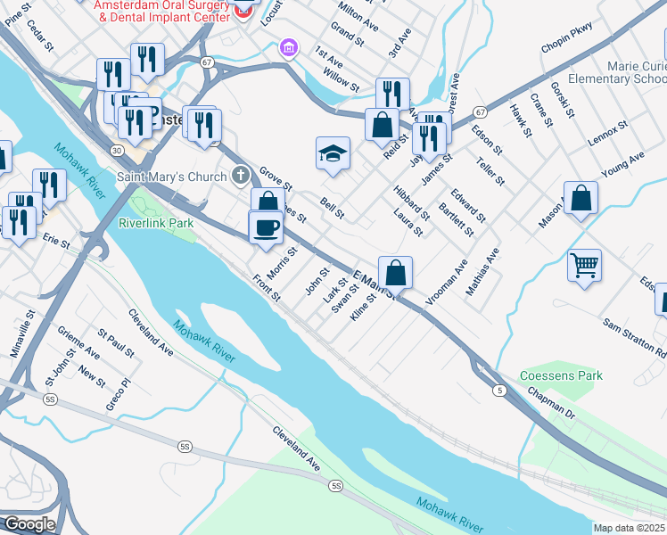 map of restaurants, bars, coffee shops, grocery stores, and more near 251 Main Street in Amsterdam