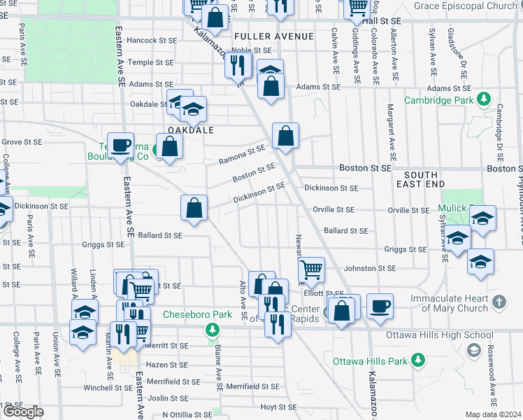 map of restaurants, bars, coffee shops, grocery stores, and more near 1720 Silver Avenue Southeast in Grand Rapids