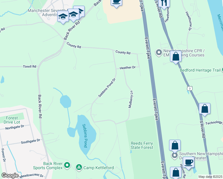 map of restaurants, bars, coffee shops, grocery stores, and more near 30 Sebbins Pond Drive in Bedford