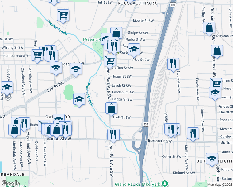 map of restaurants, bars, coffee shops, grocery stores, and more near 1714 Clyde Park Avenue Southwest in Grand Rapids