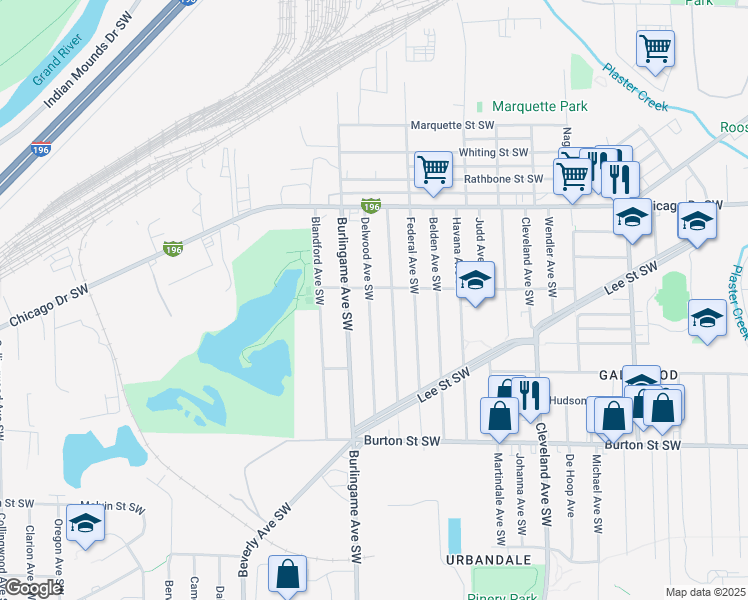 map of restaurants, bars, coffee shops, grocery stores, and more near 1719 Delwood Avenue Southwest in Wyoming