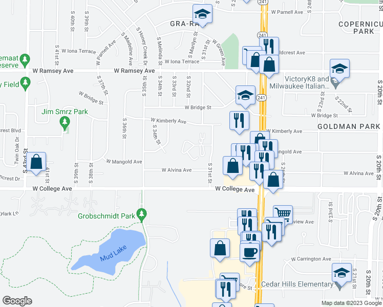 map of restaurants, bars, coffee shops, grocery stores, and more near 3177 West Mangold Avenue in Greenfield