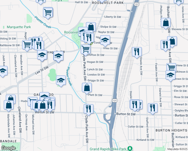 map of restaurants, bars, coffee shops, grocery stores, and more near 726 London Street Southwest in Grand Rapids