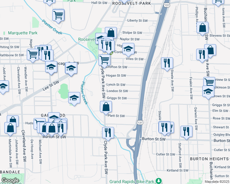 map of restaurants, bars, coffee shops, grocery stores, and more near 726 London Street Southwest in Grand Rapids