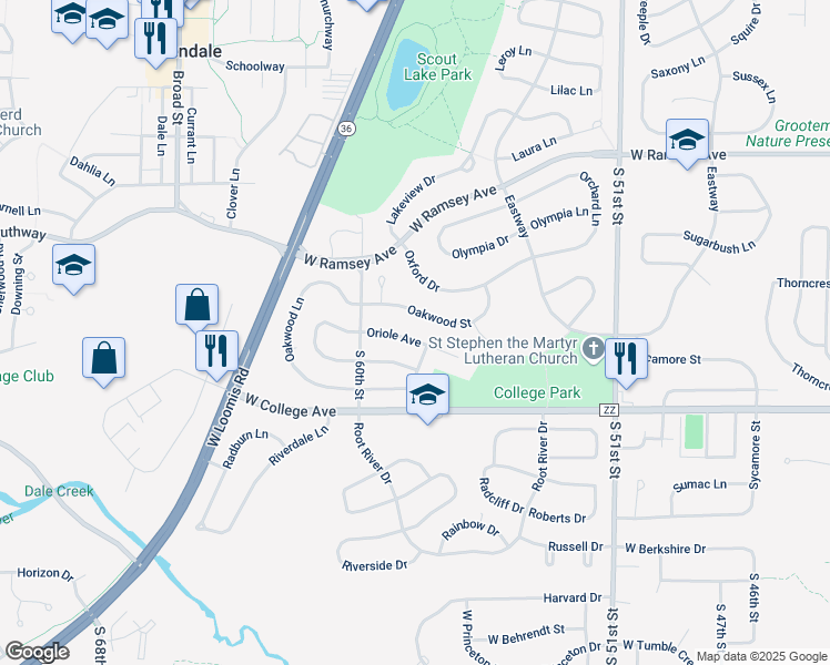 map of restaurants, bars, coffee shops, grocery stores, and more near 5819 Oakwood Street in Greendale