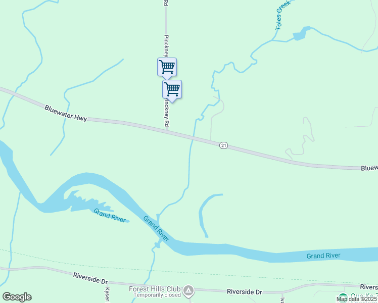 map of restaurants, bars, coffee shops, grocery stores, and more near 9301 Bluewater Highway in Saranac
