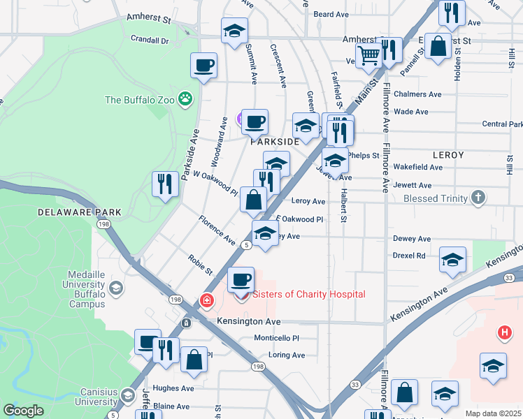 map of restaurants, bars, coffee shops, grocery stores, and more near 195 Crescent Avenue in Buffalo