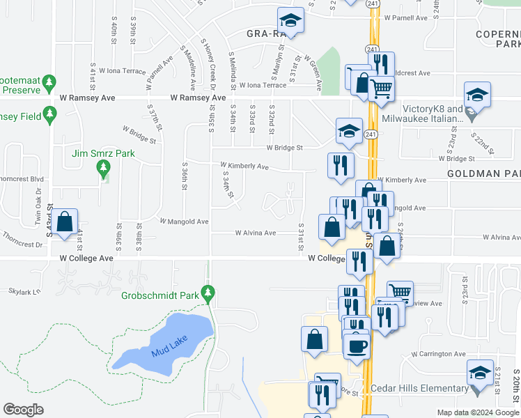 map of restaurants, bars, coffee shops, grocery stores, and more near 3177 West Mangold Avenue in Greenfield